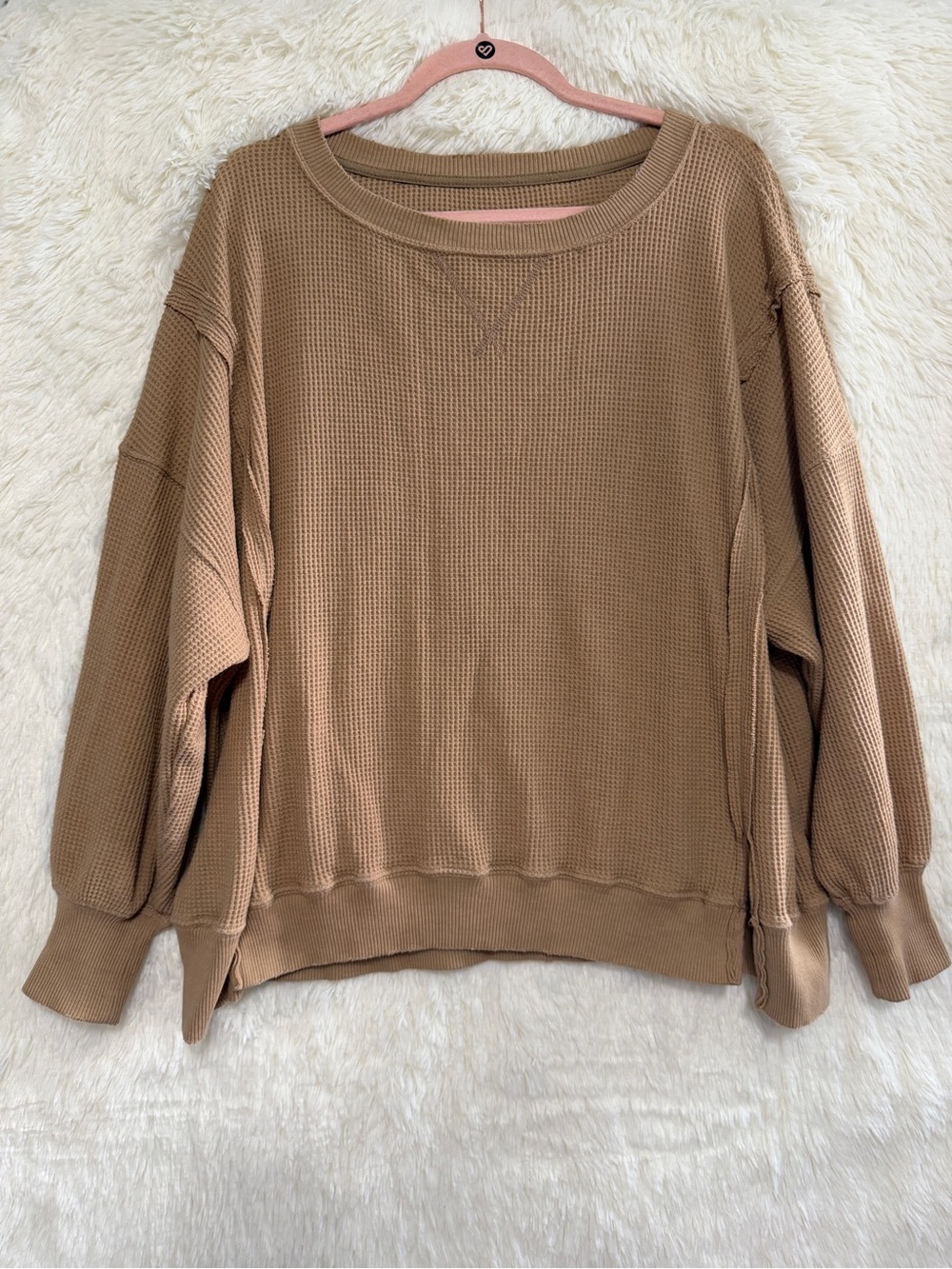 American Eagle Oversized Waffle Knit Sweatshirt Size XS Tan Seriously Lived In